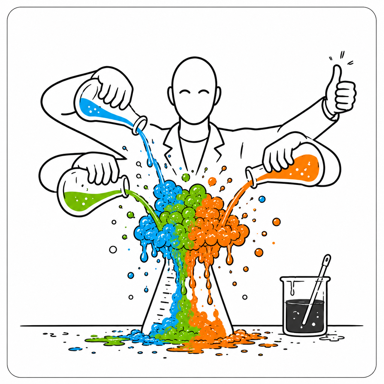 A scientist randomly mixing colourful chemicals together.